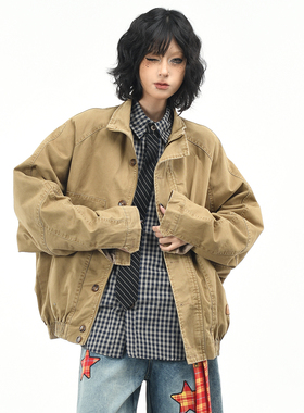 OV原创美式复古巴恩风做旧水洗工装外套女秋季宽松休闲立领夹克男