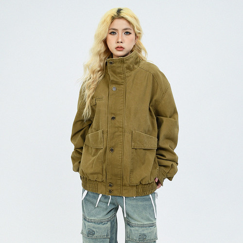 街头棉做旧水洗立领外套