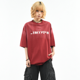 宽松半袖 OV原创 T恤女夏季 复古光痕刷色渐变脏染短袖 上衣男潮 美式