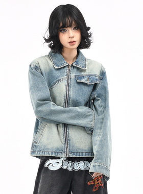 OV原创美式解构拼接水洗做旧牛仔外套女秋季街头宽松休闲短款夹克
