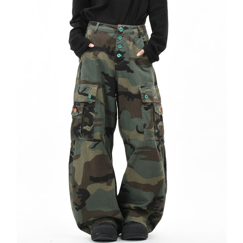 美式复古迷彩多口袋宽松工装裤潮