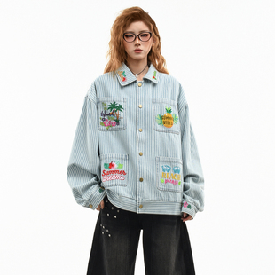 OV原创美式复古条纹刺绣水洗牛仔外套女春季宽松短款翻领夹克男潮