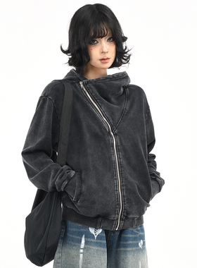 OV原创美式复古做旧水洗短款连帽卫衣女秋季宽松斜拉链开衫外套潮