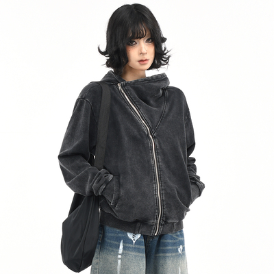 原创美式复古做旧短款连帽卫衣女