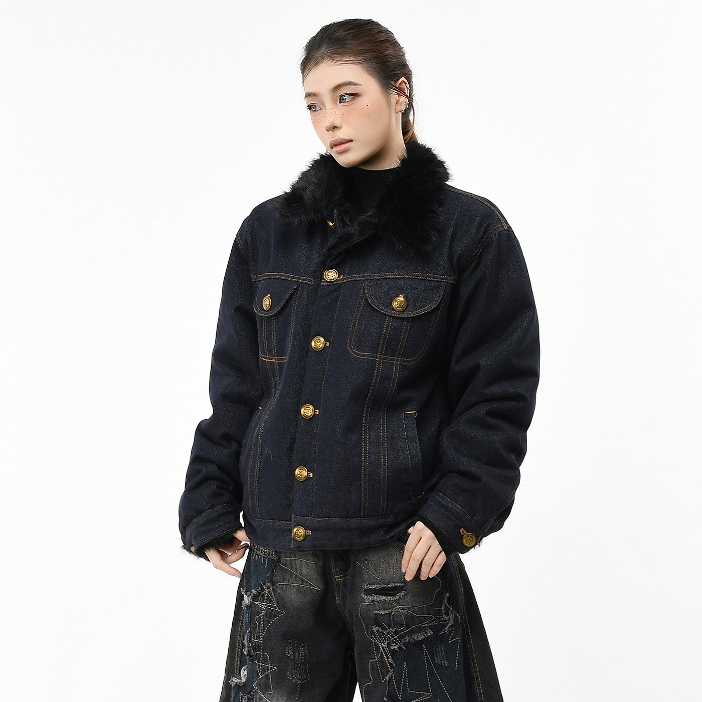 OV原创美式原牛毛领座山雕牛仔棉服外套男女冬季宽松加厚保暖棉衣