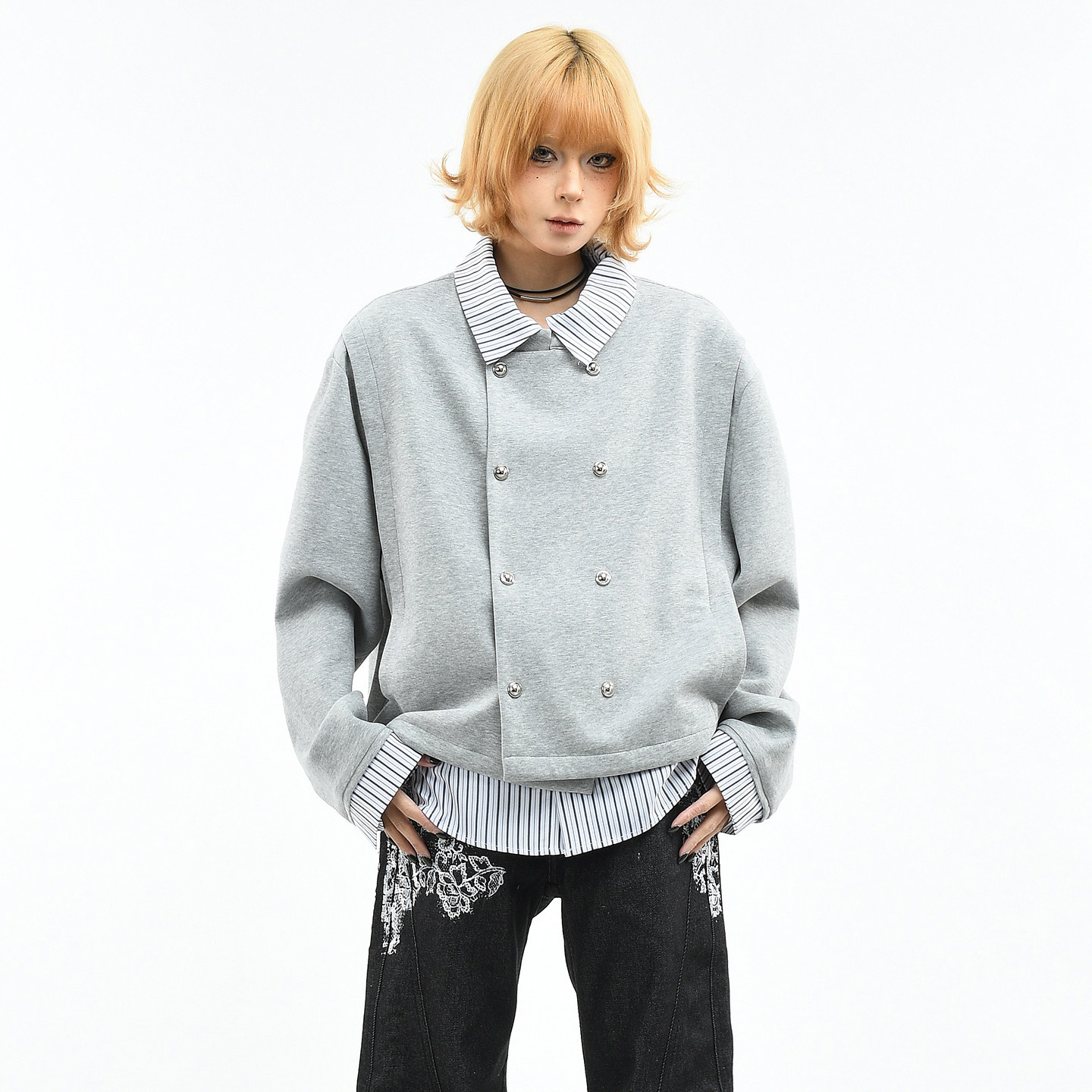 OV原创学院风条纹假两件拼接翻领卫衣女春季双排扣宽松短款外套男