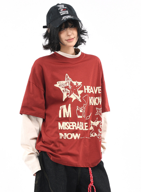 OV原创/美式复古假两件撞色拼接长袖T恤男女秋季街头宽松情侣上衣