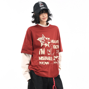 OV原创 复古假两件撞色拼接长袖 T恤男女秋季 街头宽松情侣上衣 美式