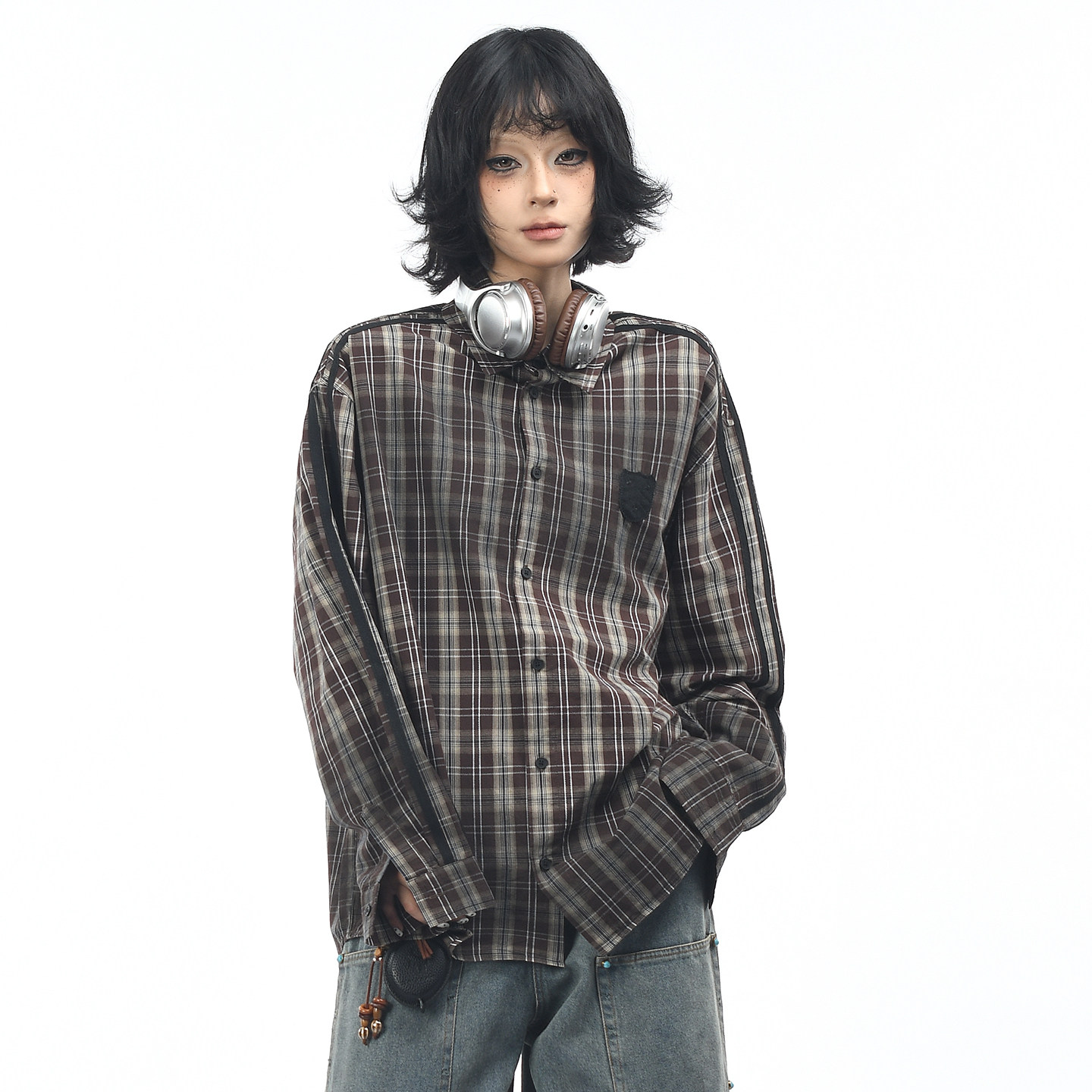 OV原创美式复古格子扎染做旧长袖衬衫男女秋季宽松潮牌贴布绣衬衣,女装/女士精品,衬衫,淘宝优惠券,粉丝福利购,淘宝优惠卷