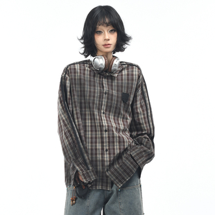 OV原创美式复古格子扎染做旧长袖衬衫男女秋季宽松潮牌贴布绣衬衣