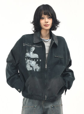 OV原创美式复古人物印花做旧水洗工装外套男女秋季宽松翻领夹克潮