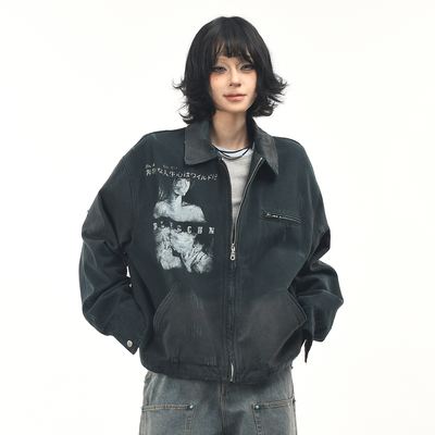 美式复古人物做旧水洗工装外套潮