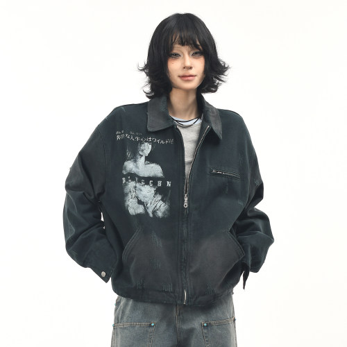 美式复古人物做旧水洗工装外套潮