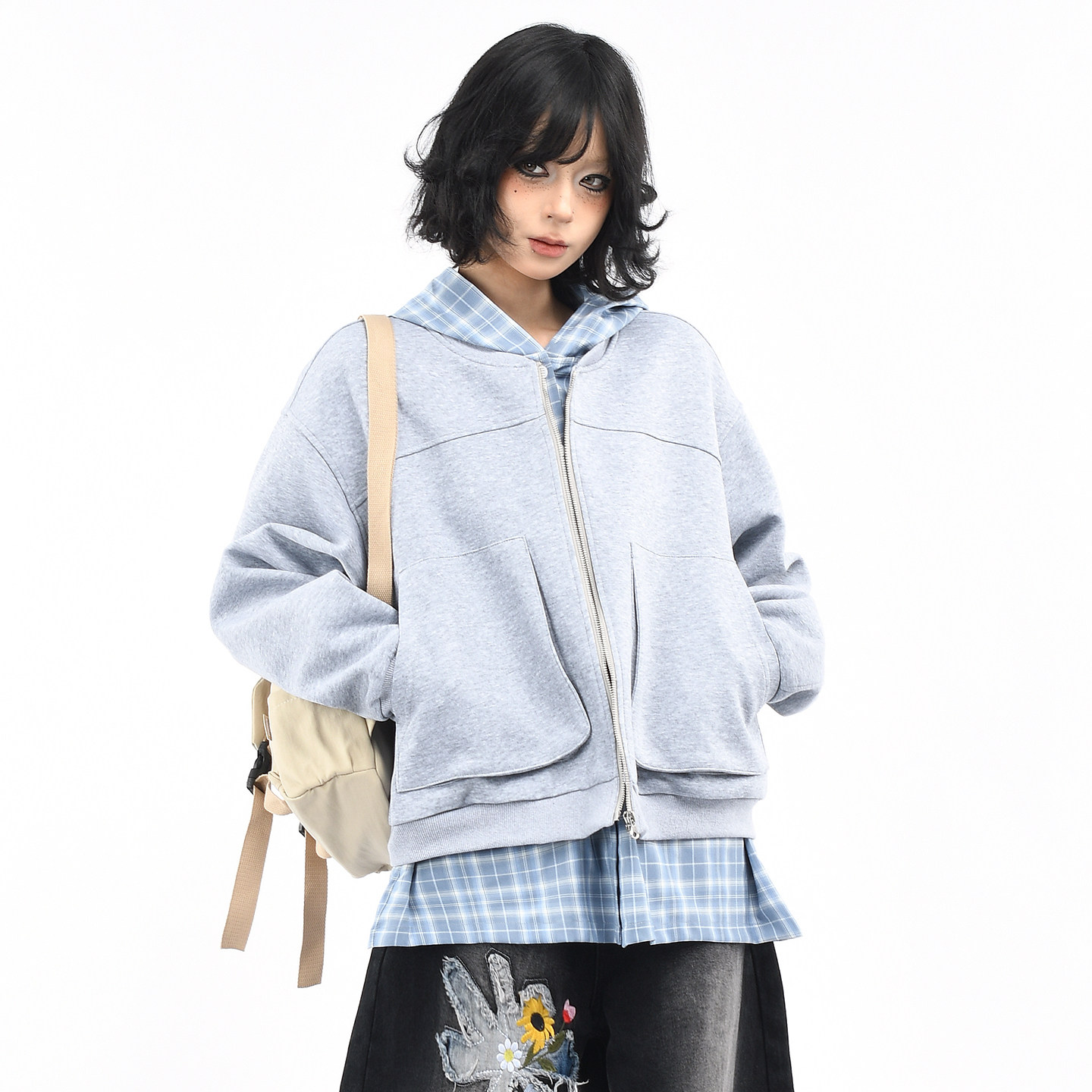 OV原创美式复古格子拼接假两件连帽卫衣女秋季学院风宽松开衫外套