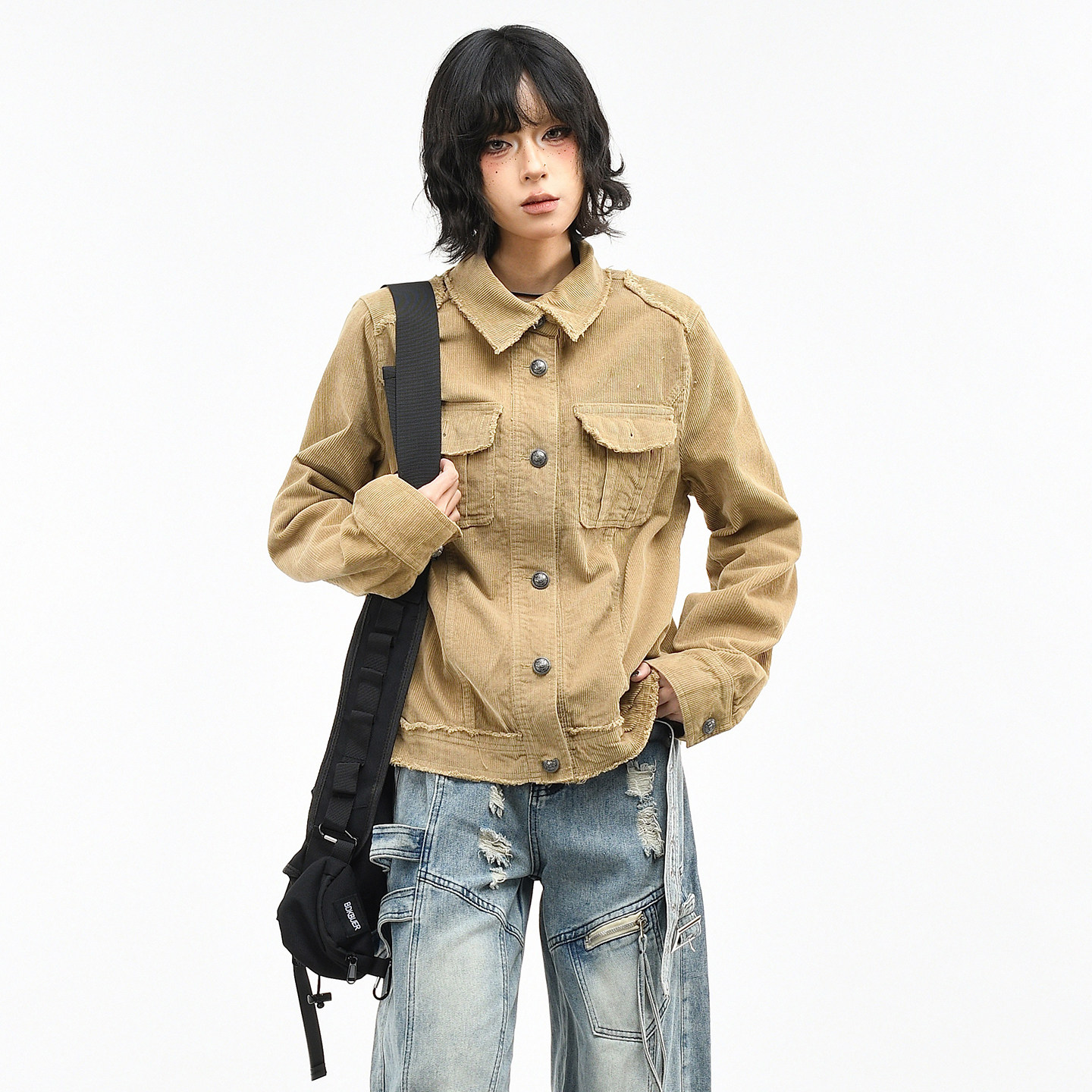 OV原创美式复古灯芯绒水洗毛边翻领外套女春季短款多口袋工装夹克,女装/女士精品,短外套,淘宝优惠券,粉丝福利购,淘宝优惠卷