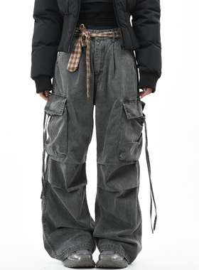 OV原创美式复古格子腰带做旧水洗工装裤男女街头宽松直筒休闲长裤