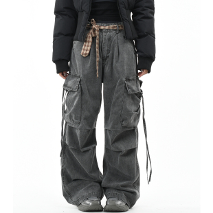 男女街头宽松直筒休闲长裤 裤 复古格子腰带做旧水洗工装 OV原创美式