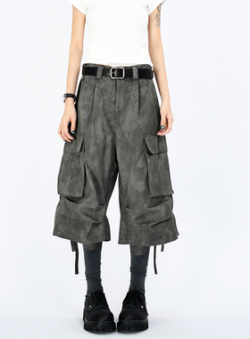 OV原创夏季高街美式机能飘带工装休闲裤男女宽松褶皱七分裤短裤潮