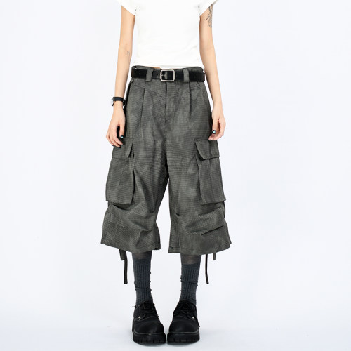 中腰美式七分裤机能飘带工装裤潮