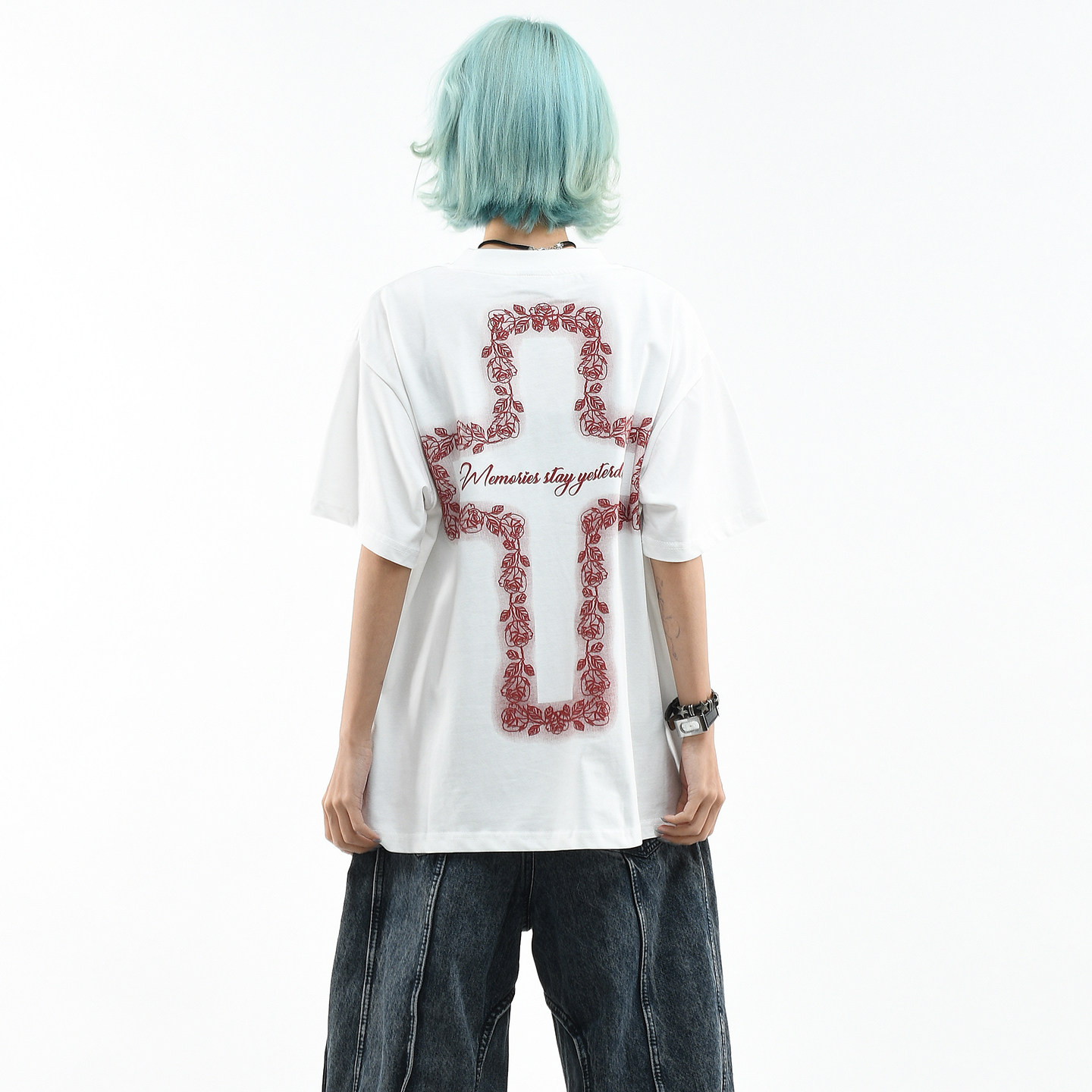 OV原创/美式植物花卉十字架印花短袖T恤女夏季宽松潮牌情侣上衣男