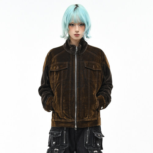 原创美式复古绒面立领牛仔外套潮