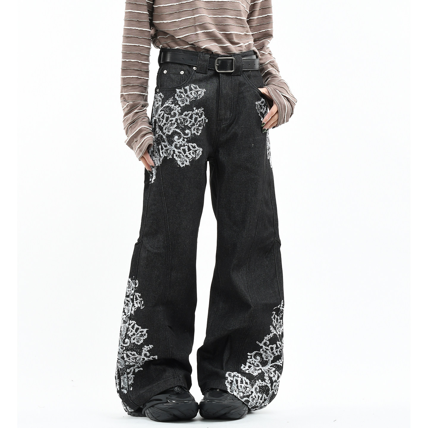 OV原创美式复古植物花卉印花微喇叭牛仔裤男女宽松设计感阔腿长裤,女装/女士精品,牛仔裤,淘宝优惠券,粉丝福利购,淘宝优惠卷