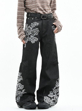 OV原创美式复古植物花卉印花微喇叭牛仔裤男女宽松设计感阔腿长裤