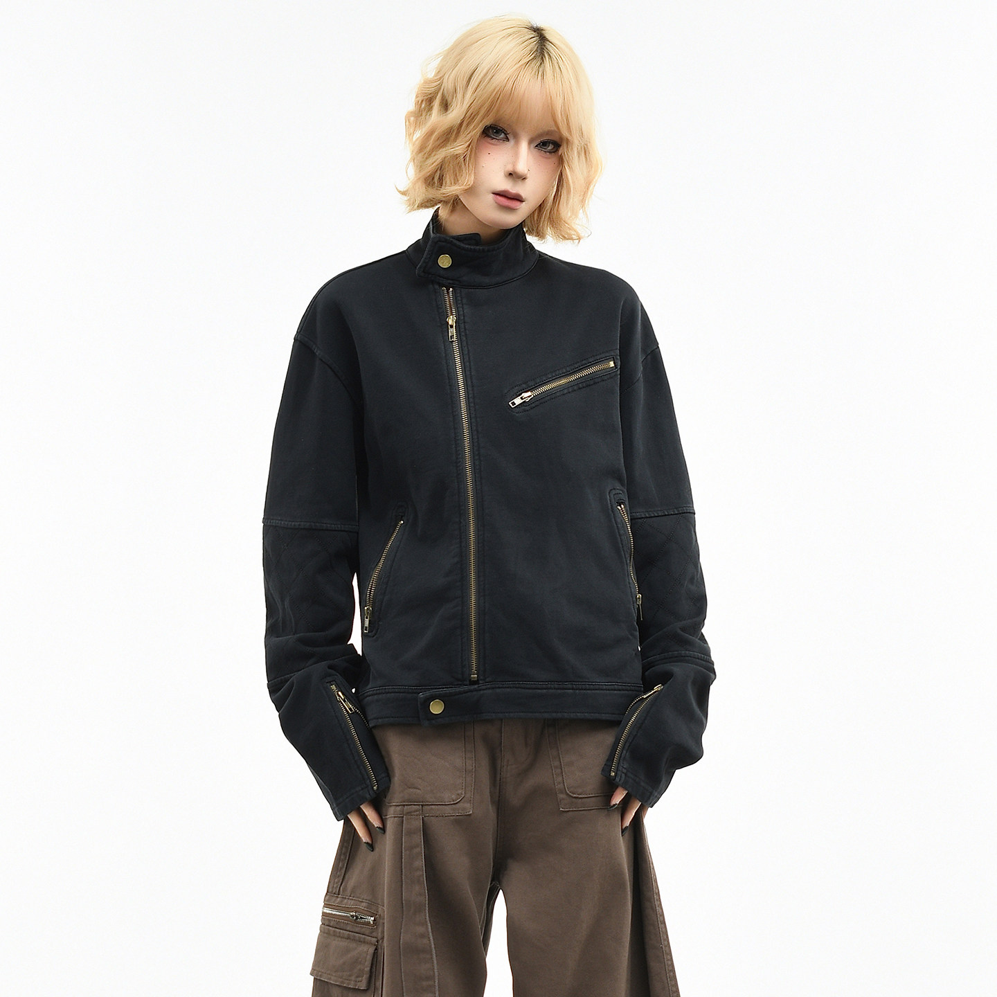 OV原创美式复古斜拉链做旧水洗立领卫衣女春季短款机车开衫外套潮