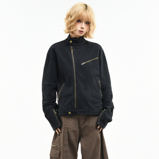 OV原创美式 短款 机车开衫 外套潮 复古斜拉链做旧水洗立领卫衣女春季