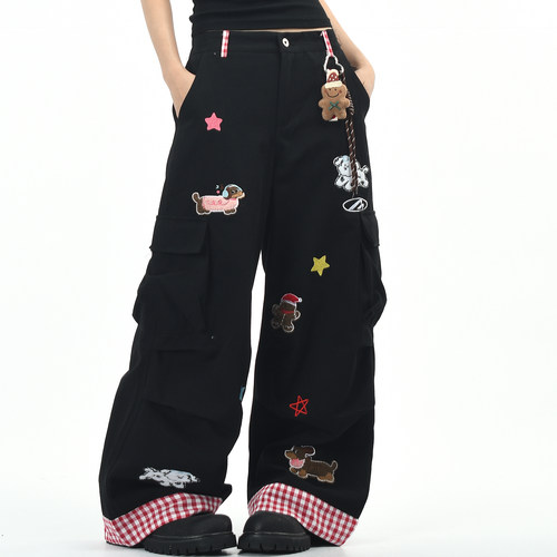 中腰美式长裤腊肠狗毛巾绣工装裤