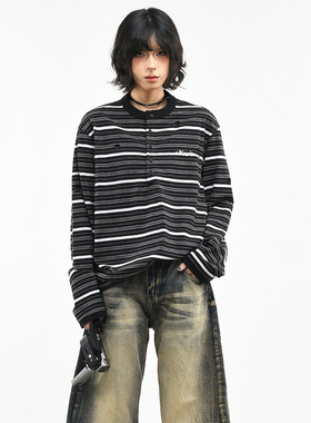 OV原创/复古老钱风条纹半开领长袖T恤女春季宽松破洞休闲情侣上衣