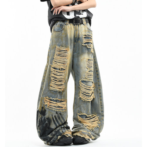 原创美式重工做旧水洗破洞牛仔裤