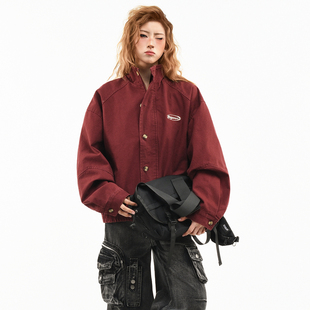 OV原创美式复古做旧水洗立领夹克女春季宽松短款哈灵顿工装外套潮