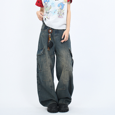 宽松长裤美式复古水洗弯刀牛仔裤