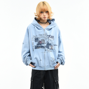 外套男潮 宽松破洞开衫 OV原创美式 人物印花做旧水洗连帽卫衣女春季