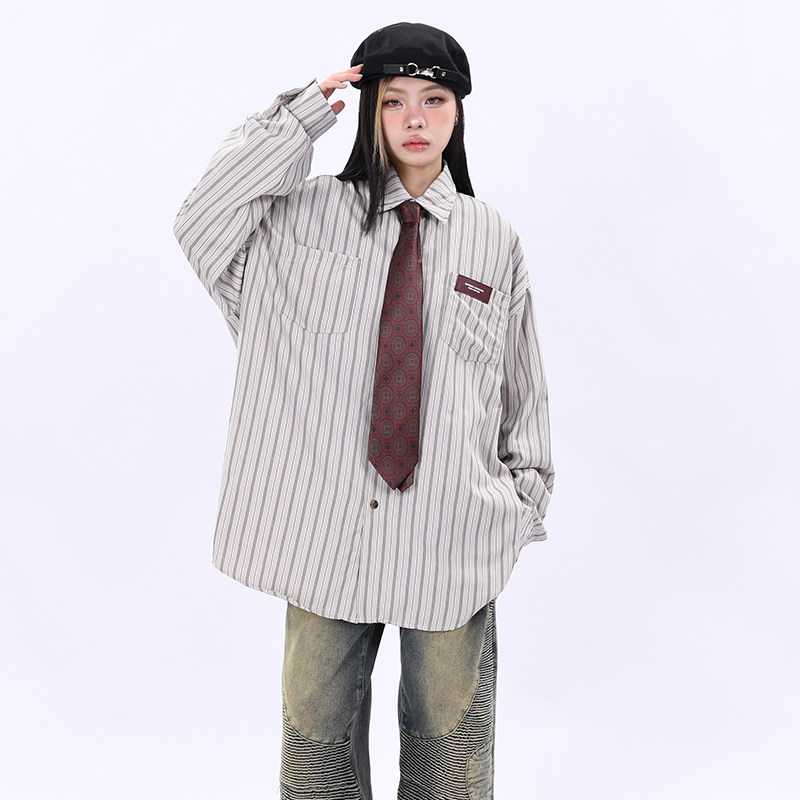 ov原创春秋高街复古竖条纹长袖衬衫男女bf宽松情侣港风翻领衬衣潮