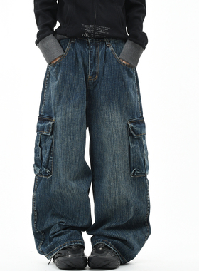 OV原创美式竹节纹多口袋水洗工装牛仔裤女街头宽松阔腿情侣长裤子