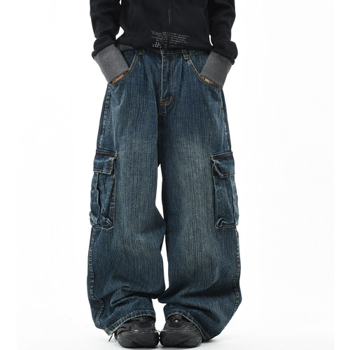 原创美式竹节纹多口袋工装牛仔裤