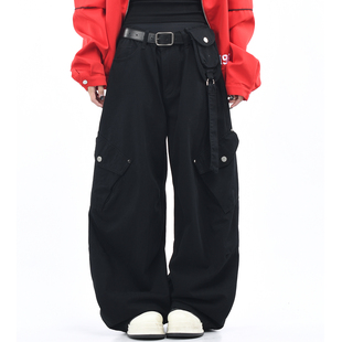 女小众设计感宽松休闲阔腿弯刀长裤 裤 男 街头多口袋工装 OV原创美式
