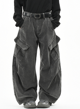 OV原创美式灯芯绒多口袋做旧水洗工装裤女复古宽松阔腿弯刀长裤男