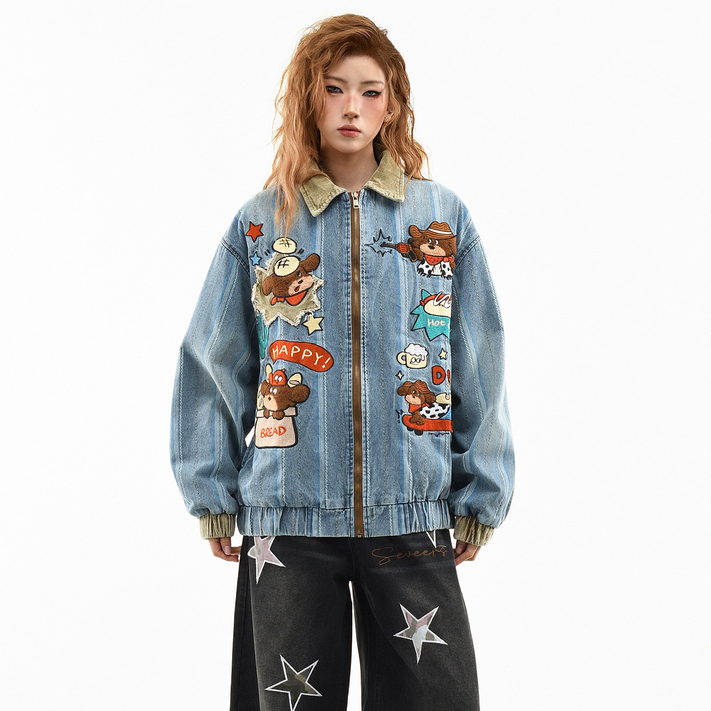 OV原创美式复古卡通刺绣撞色水洗牛仔外套女春季宽松短款翻领夹克,女装/女士精品,短外套,淘宝优惠券,粉丝福利购,淘宝优惠卷