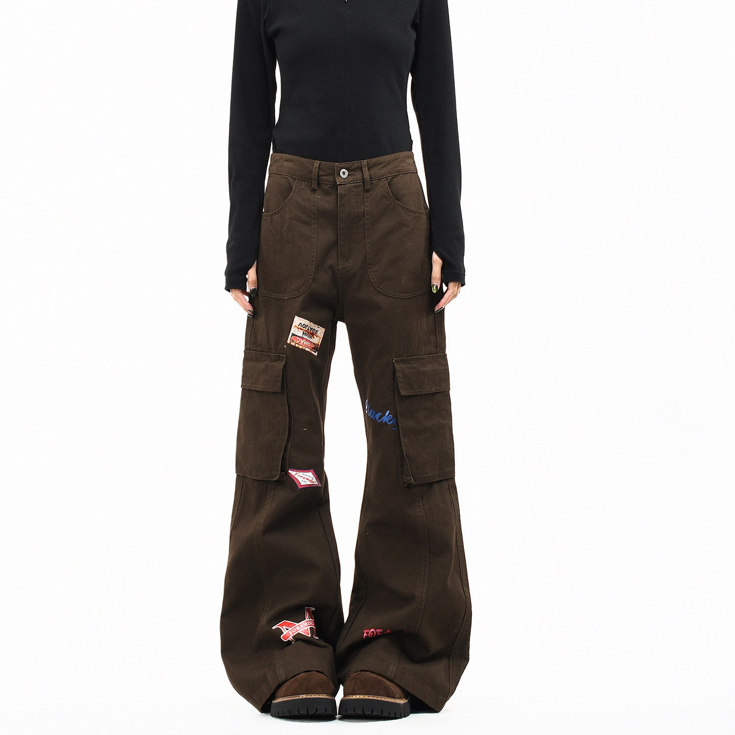 OV原创美式复古多口袋工装裤男女直筒微喇叭做旧印花显瘦休闲裤潮