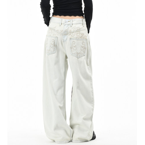 原创美式字母刺绣两面穿牛仔裤潮