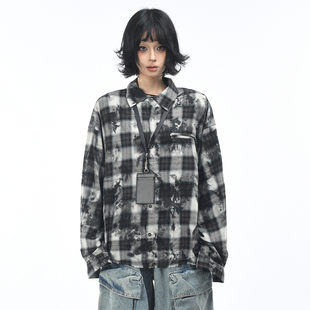 OV原创美式复古格子扎染做旧长袖衬衫男女秋季宽松休闲毛边衬衣潮