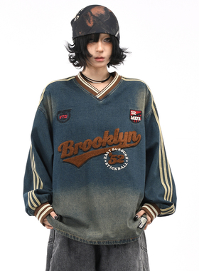 OV原创/美式学院风v领水洗牛仔卫衣男女秋季宽松毛巾绣复古上衣潮