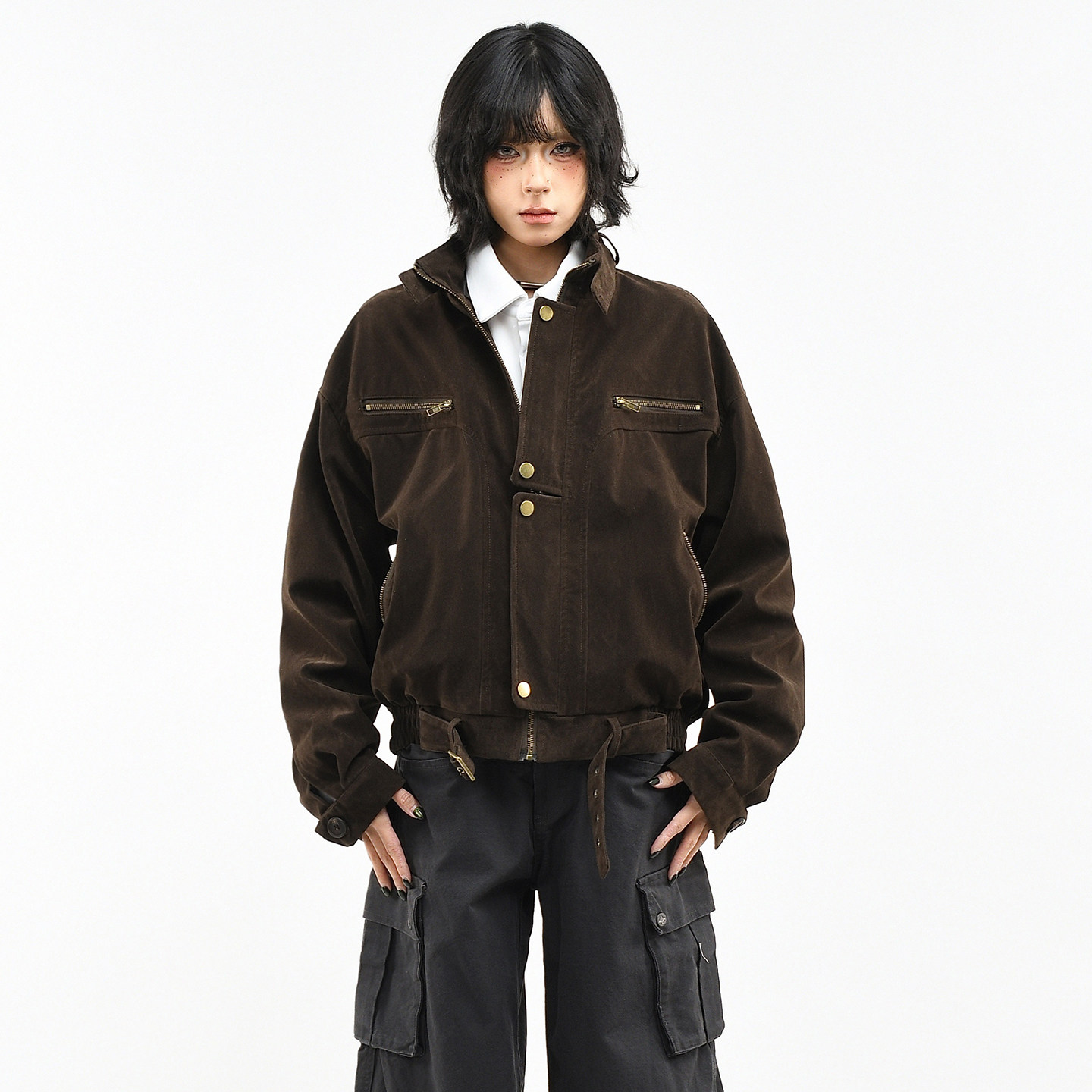 OV原创美式复古解构拼接皮绒工装外套女春季宽松短款机车痞帅夹克