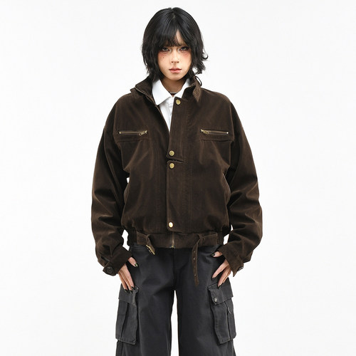 原创美式复古解构拼接皮绒外套潮