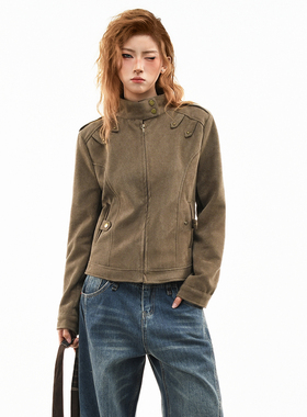 OV原创美式复古解构拼接立领外套女春季哈灵顿修身短款夹克上衣潮