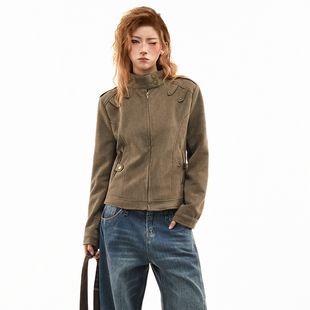 OV原创美式复古解构拼接立领外套女春季哈灵顿修身短款夹克上衣潮