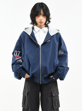 OV原创美式赛车风印花撞色连帽外套女春季宽松廓形痞帅机能夹克男
